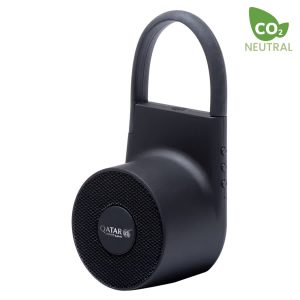 A black wireless speaker with a handle, featuring a logo and control buttons. CO₂ neutral label is visible.