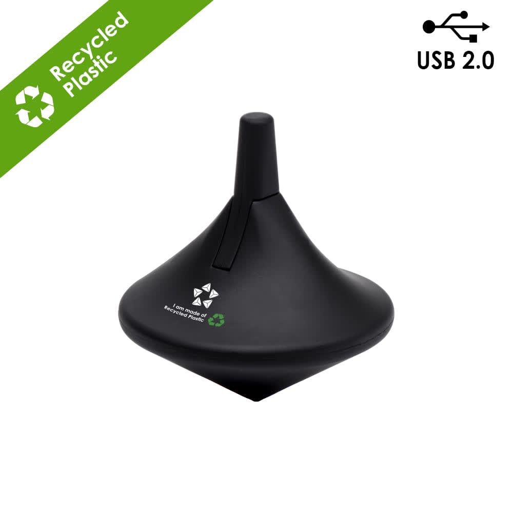 A black USB 2.0 memory drive made from recycled ABS plastic, featuring a circular, spinning design and a branding logo.