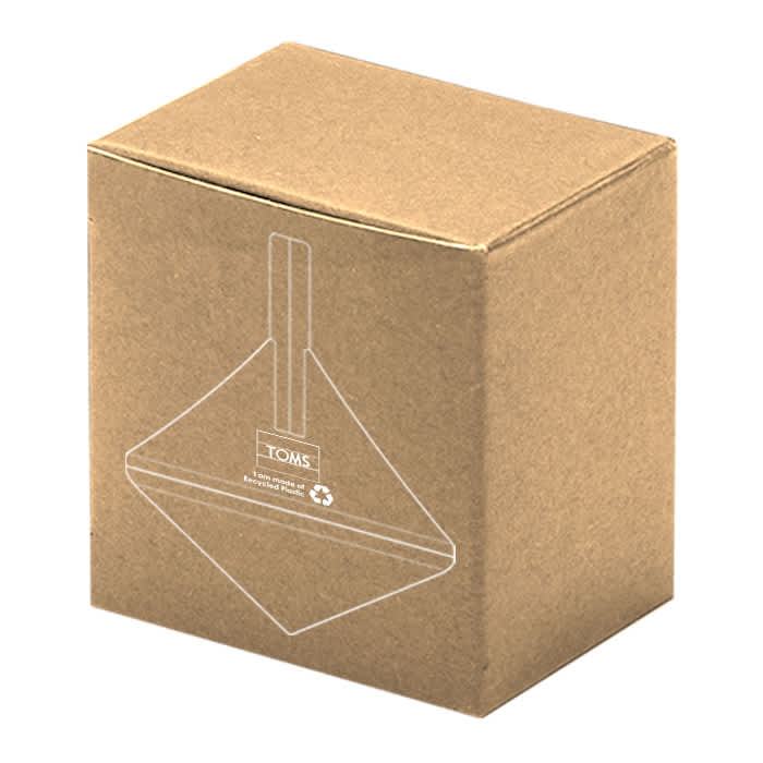 A cardboard box featuring a simple design, primarily in brown with an abstract graphic. It has a logo printed on it.