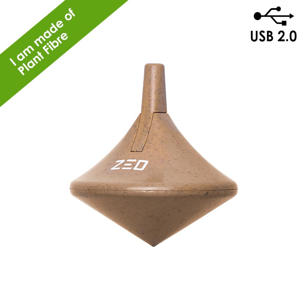 A brown Twista USB 2.0 memory drive made from plant fibre, featuring a logo and a unique spinning top design.
