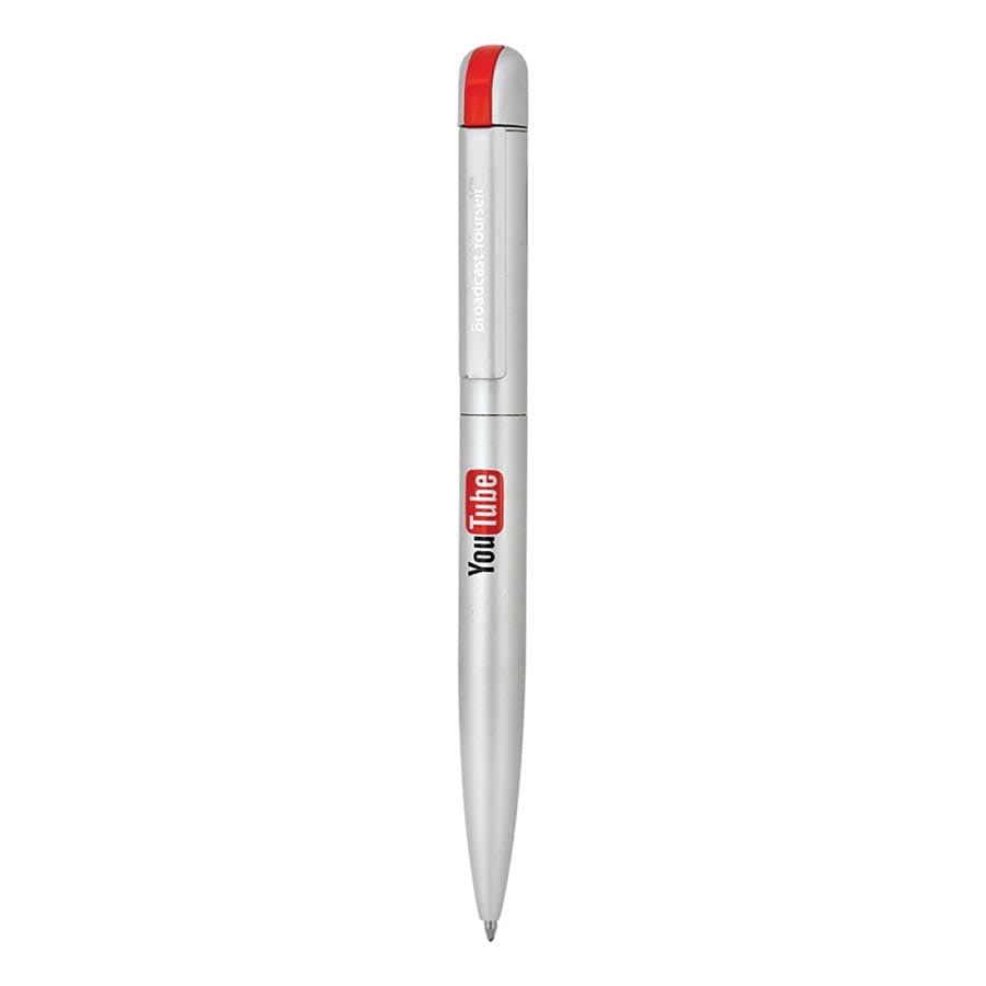 A metal ballpoint pen in silver with a red top and a logo. The design features a sleek, modern style.