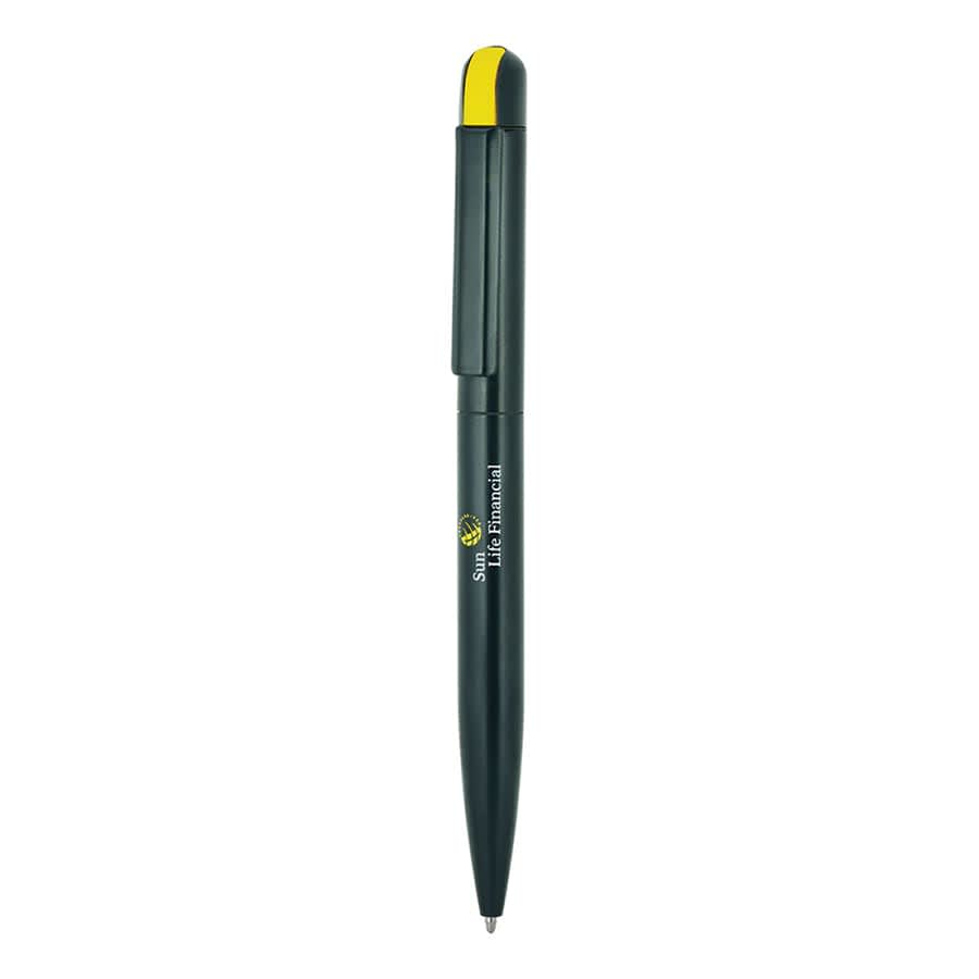 A twist metal ball pen in black with a yellow accent, featuring a logo on the side.