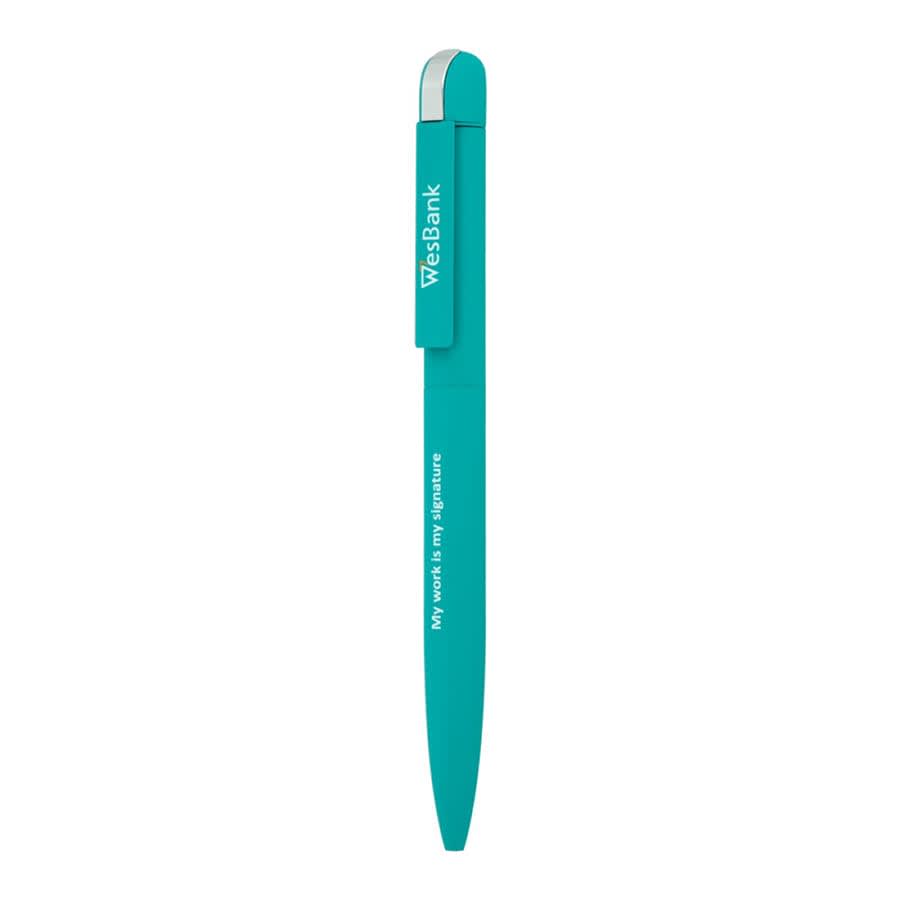 A turquoise metal ball pen with a clip and branding, featuring a sleek, modern design.
