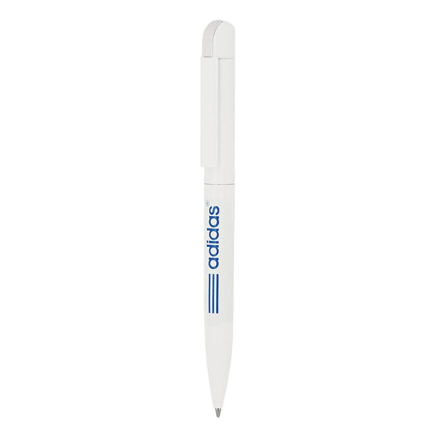 A metal ball pen in white with blue branding. It features a twist mechanism and a clip for easy attachment.