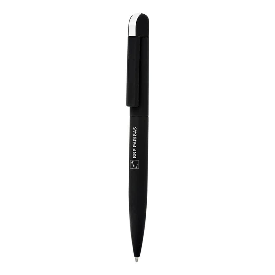 A black metal ballpoint pen with a sleek design and a clip, featuring a logo on its body.