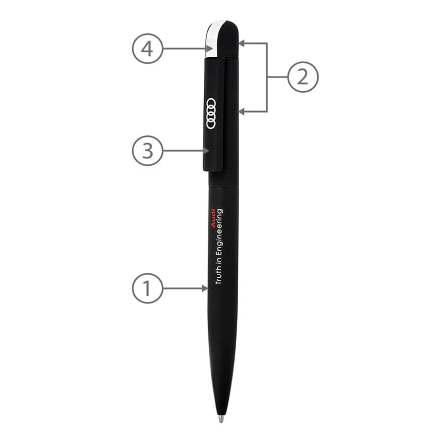 A black metal ballpoint pen with a silver clip and a logo on the side. Features a sleek, modern design.