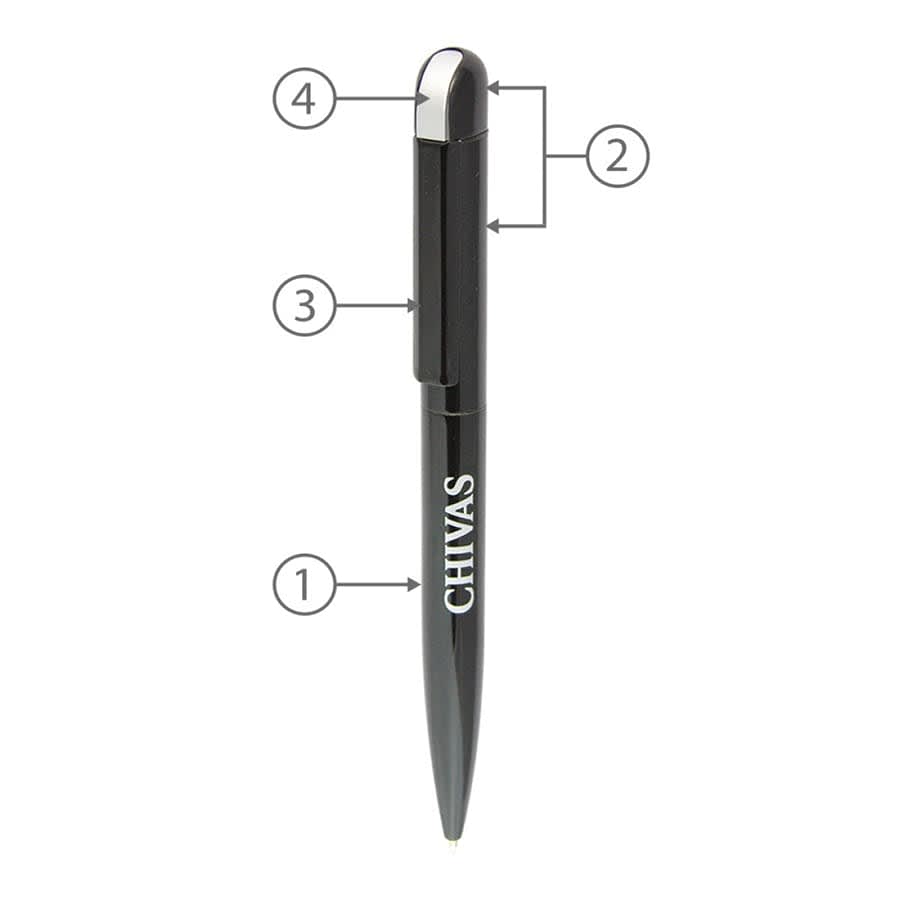 A metal ballpoint pen in black with a shiny silver top and a logo on the barrel.