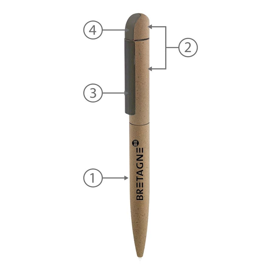 A metal ballpoint pen in a natural tone with a sleek design, featuring a clip and logo.
