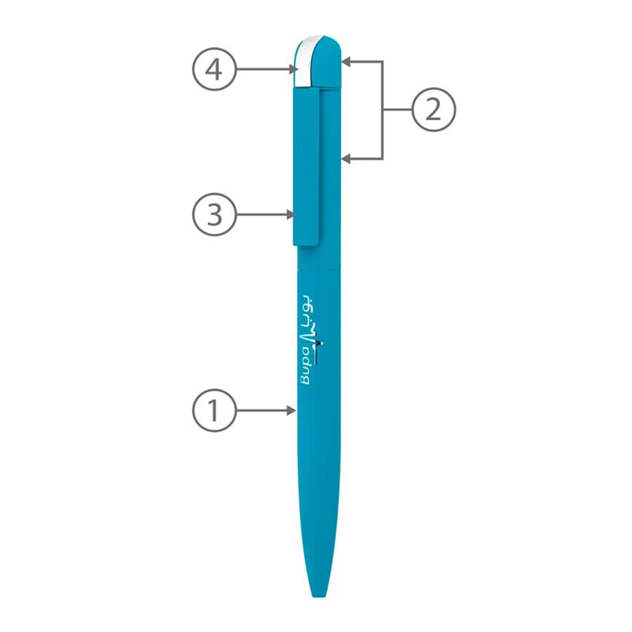 A blue metal ballpoint pen with a curved tip and a clip, featuring a logo on its side.