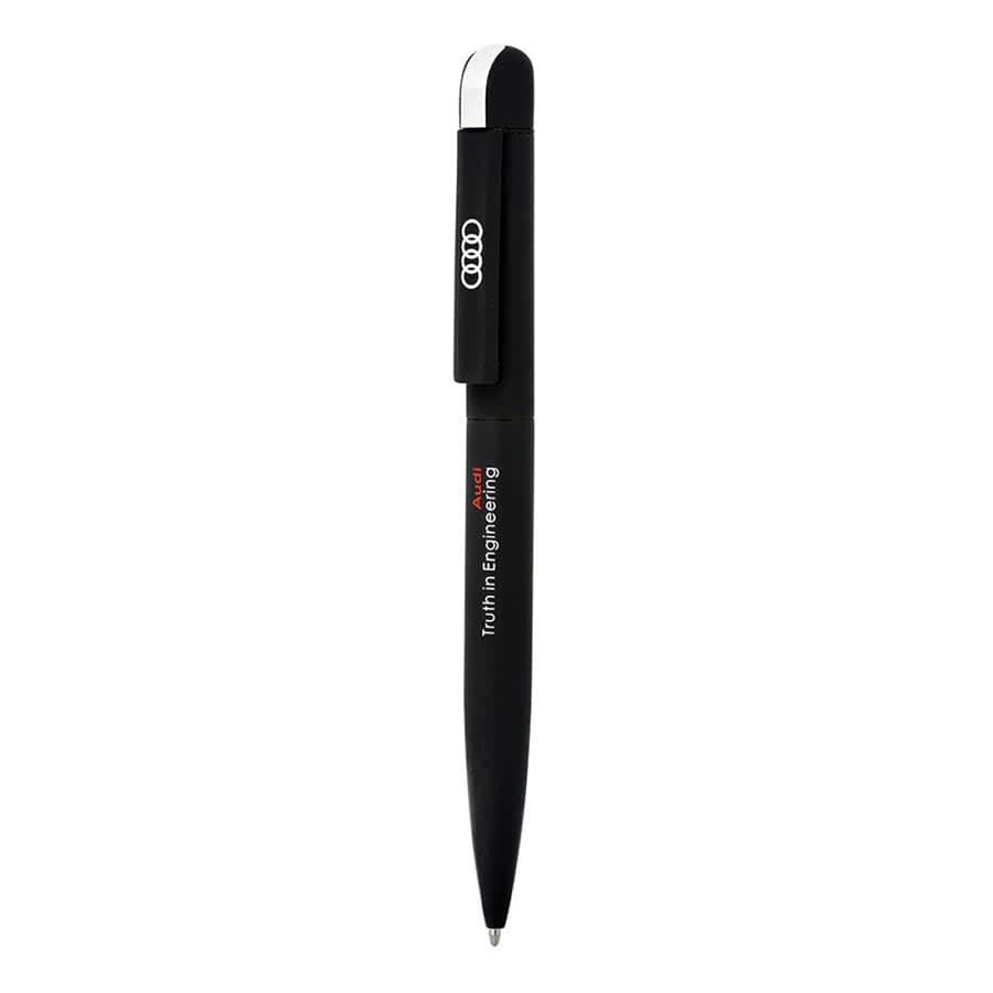 A black metal ball pen with a clip and a logo. The pen features a smooth barrel design.