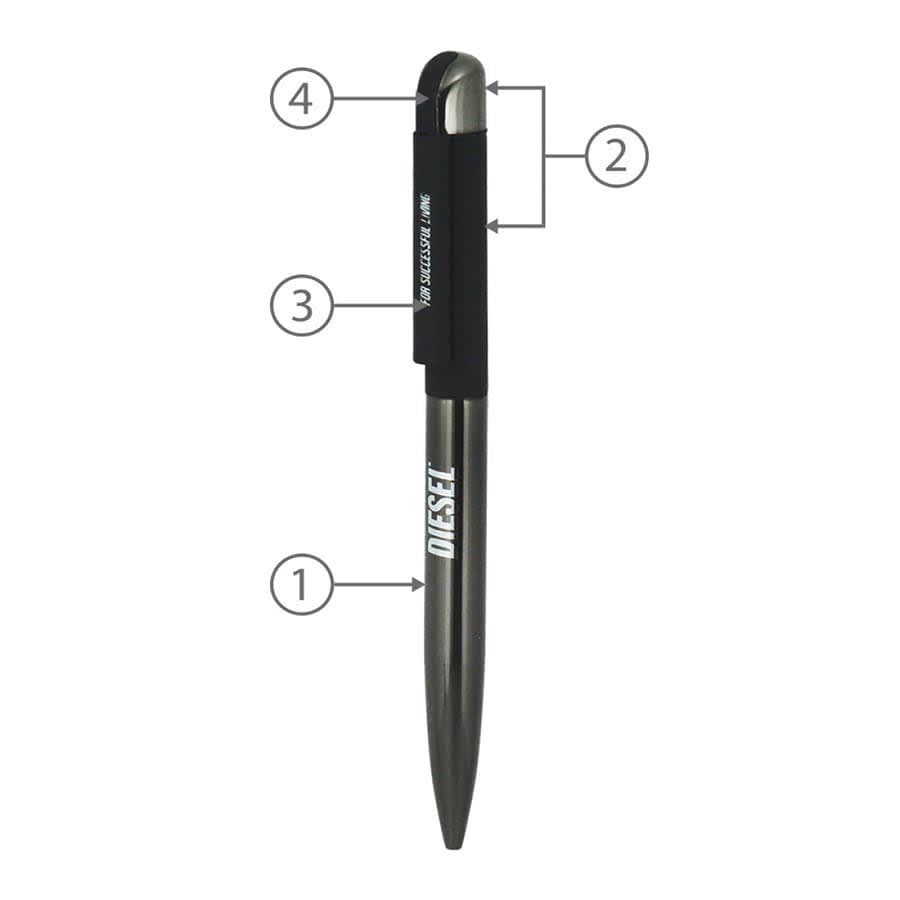 A metal ball pen with a sleek silver design and a black grip, featuring a branding logo.