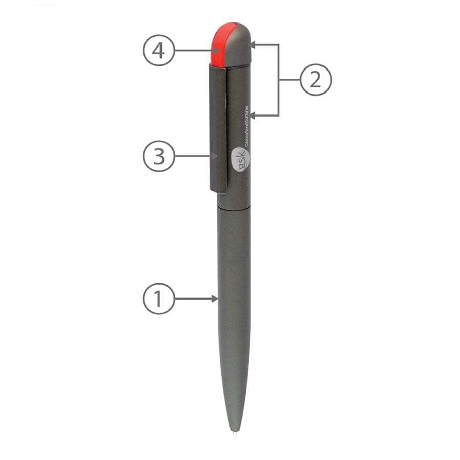 A metal ballpoint pen in black with a red top, featuring a clip and a branding logo.