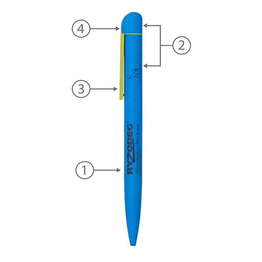 A blue metal ballpoint pen with a green clip and a logo. It features a sleek design and is part of a promotional range.