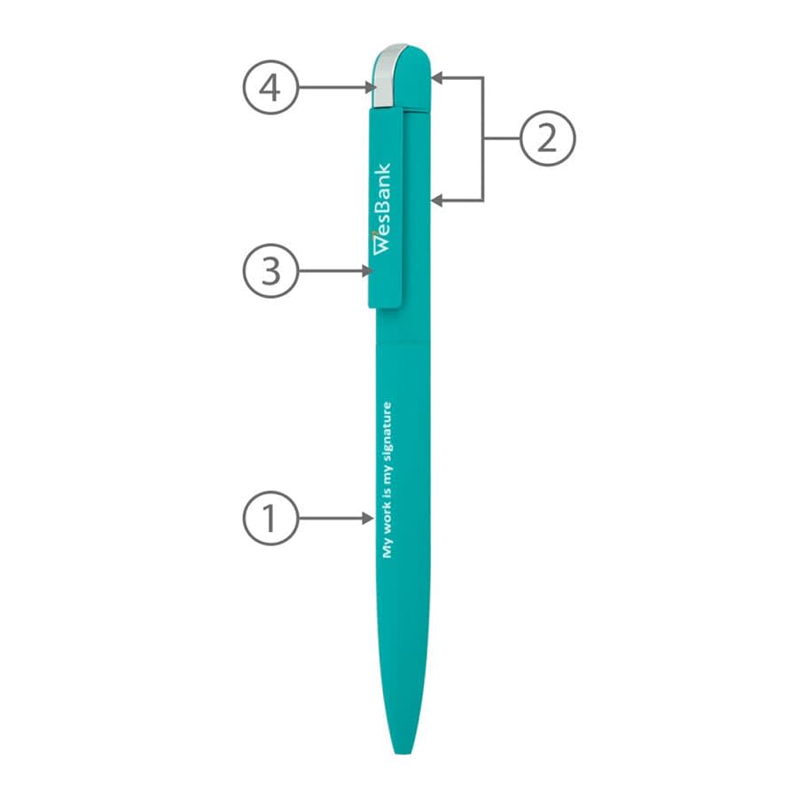 A metal ballpoint pen in teal with a clip and a logo, featuring a sleek, modern design.