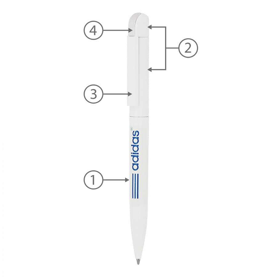 A white twist metal ball pen with a branding logo, featuring a smooth finish and a sleek design.