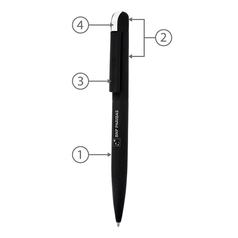 A black metal ballpoint pen with a clip and a branding logo, featuring a smooth twist mechanism.