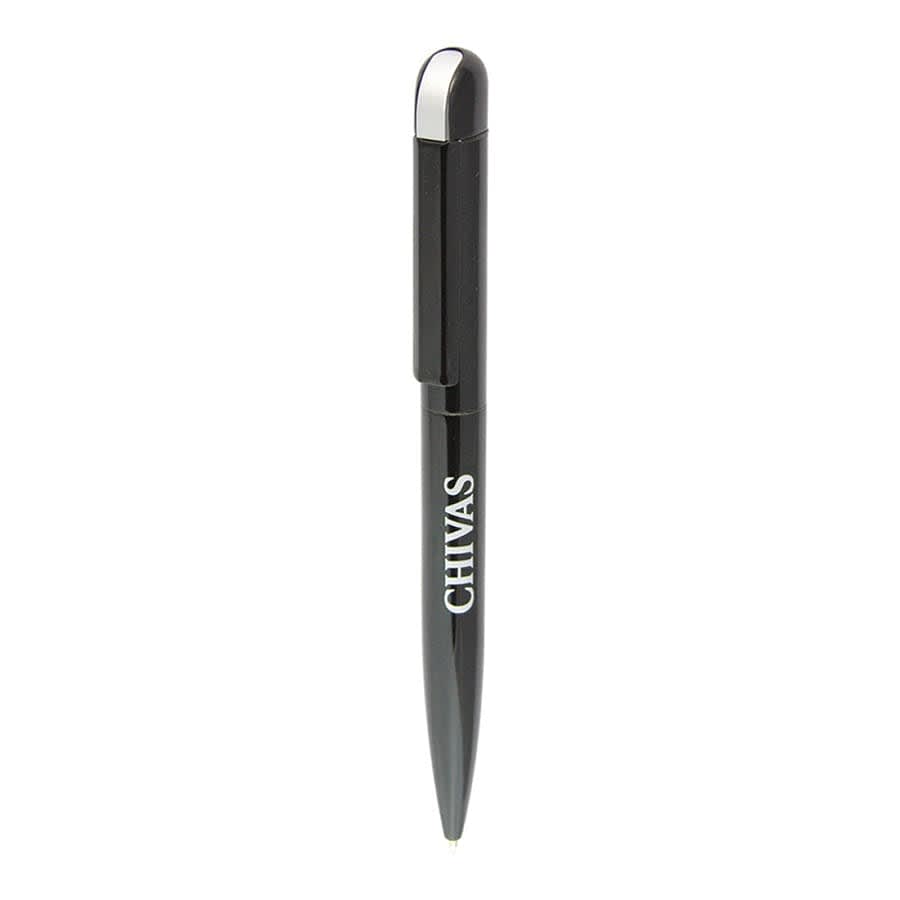 A black metal ball pen with a shiny silver clip and a logo on the side.