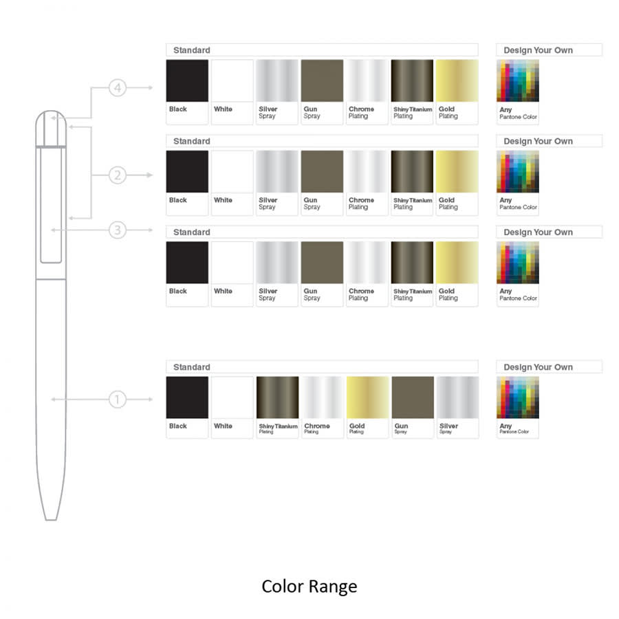 A twist metal ball pen available in various colours, including black, white, silver, and gold. Features branding.