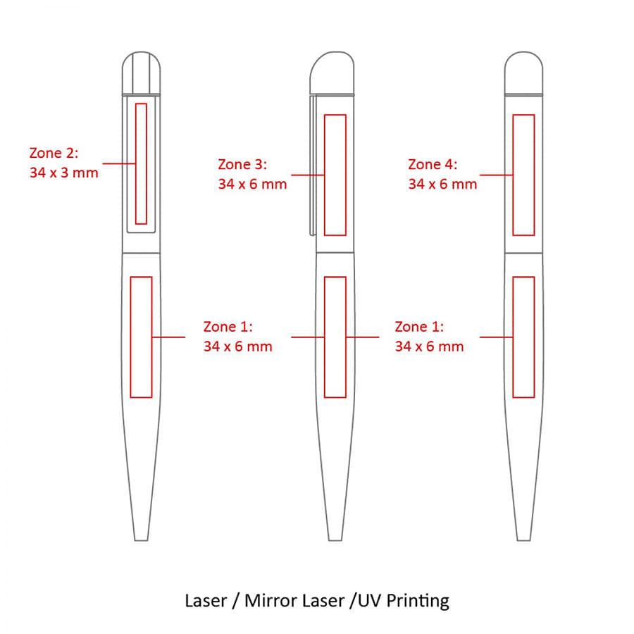A diagram of the BND62 FOLK Twist Metal Ball Pen with dimensions for printing areas, featuring a sleek metal design.