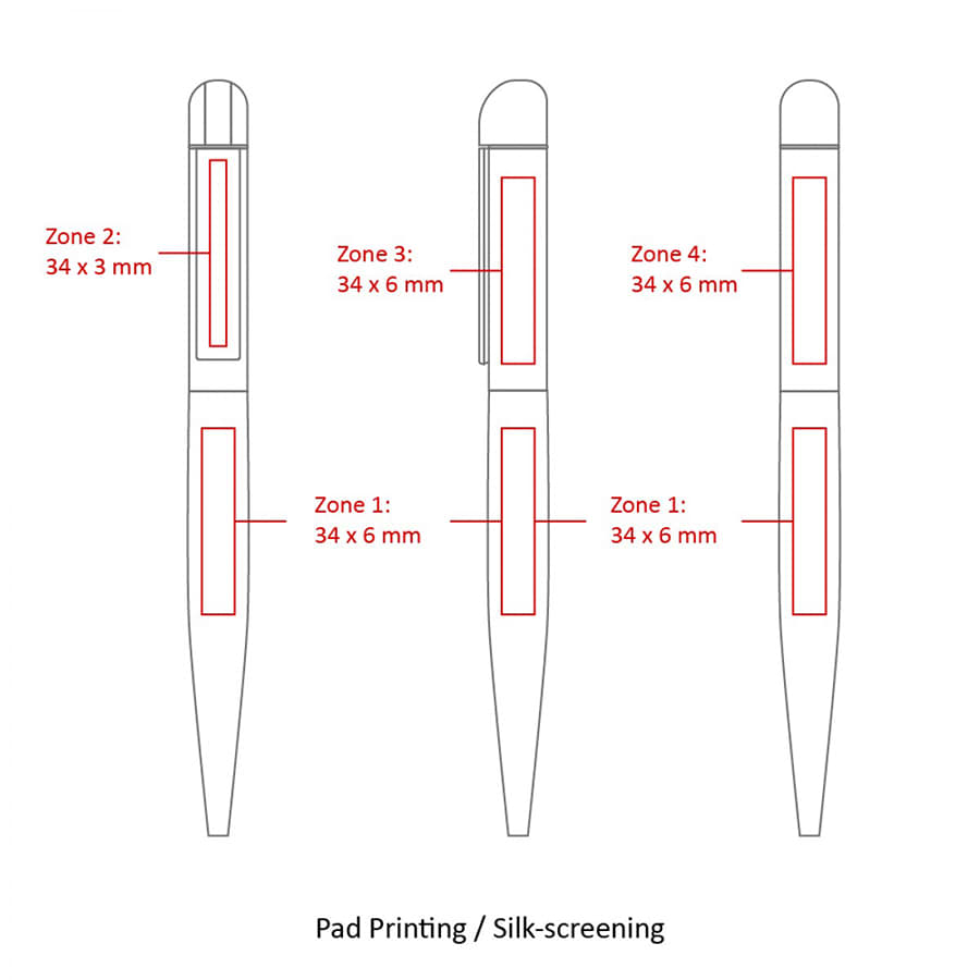 A detailed diagram of the BND62 FOLK Twist Metal Ball Pen with zones for pad printing or silk-screening indicated.