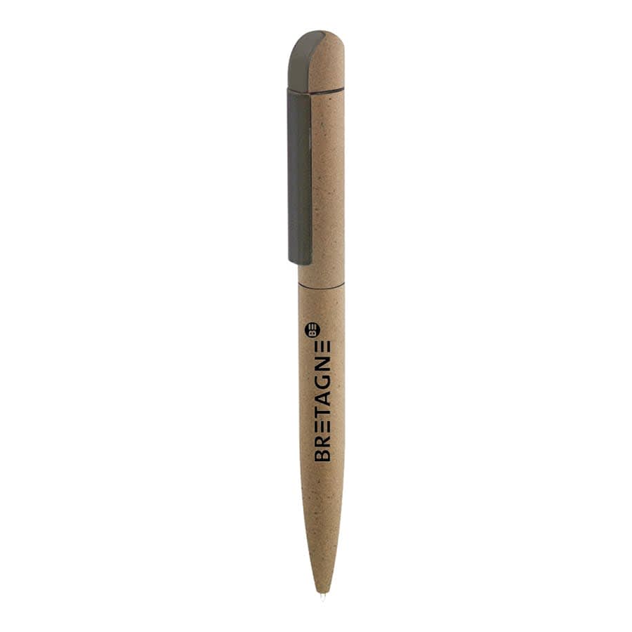 A metal ball pen with a light brown barrel and dark grey clip, featuring branding on the side.