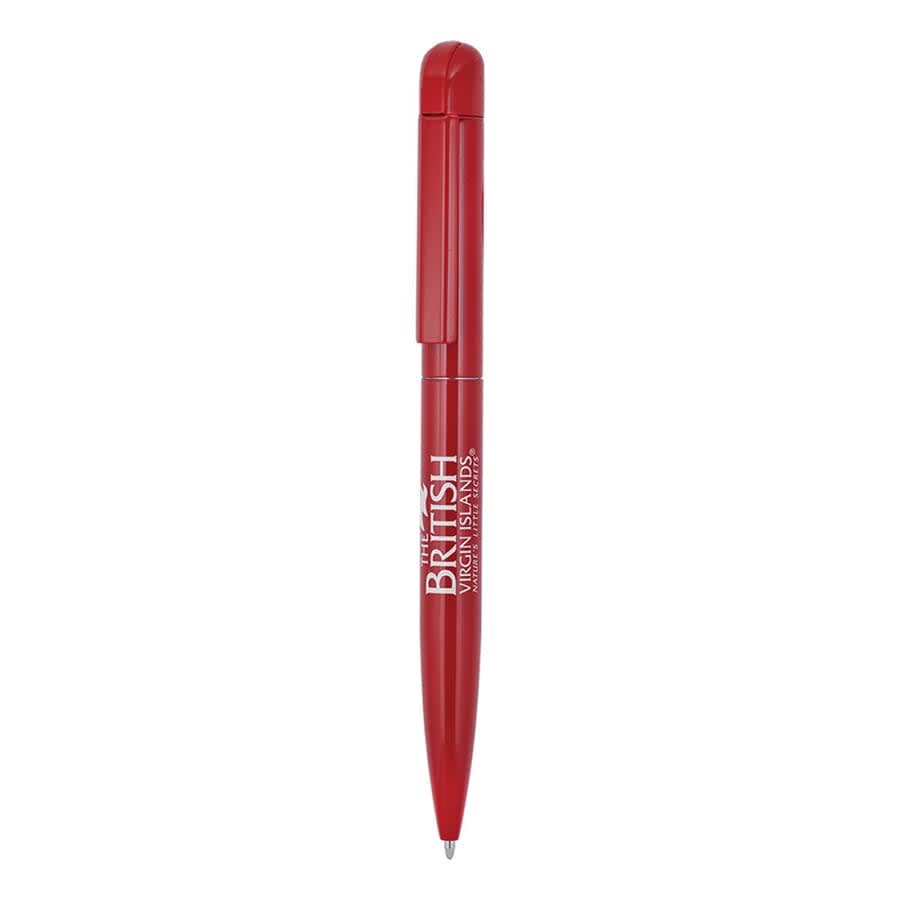 A red metal ballpoint pen with a clip and branding on the barrel.