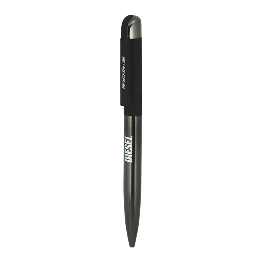 A metal ballpoint pen with a sleek black body and silver accents. It features a logo near the grip.