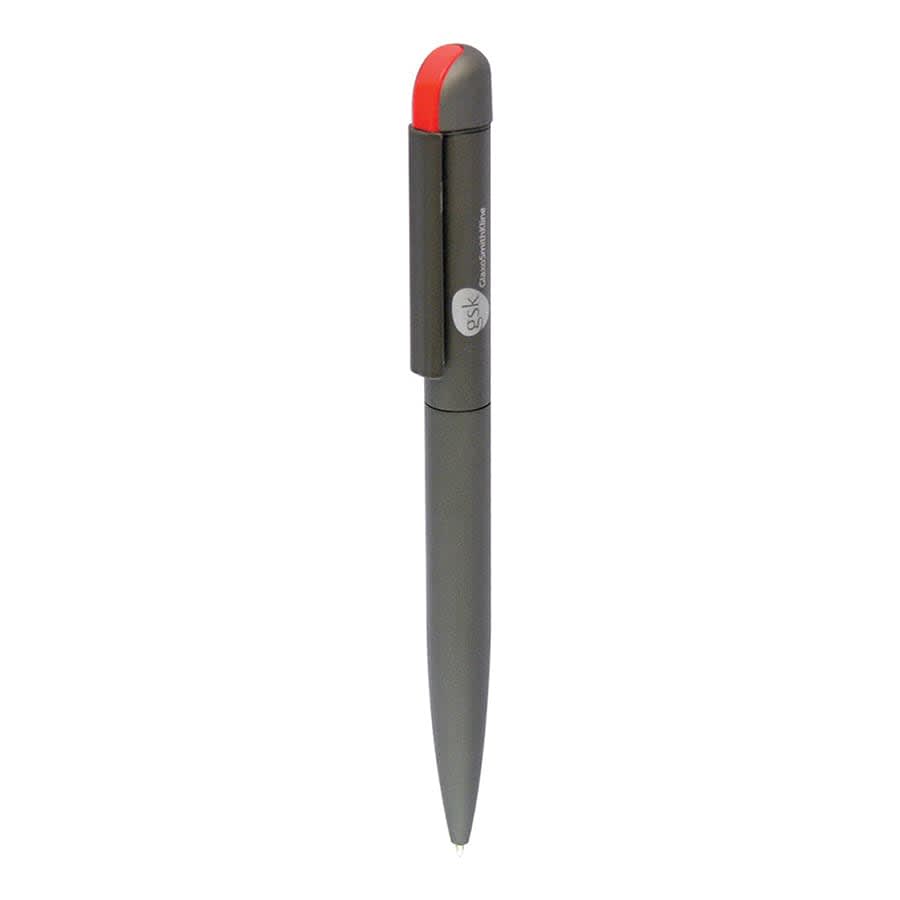 A twist metal ball pen in grey and red with a logo on the barrel.