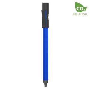 A blue metal pen with a textured grip and a clip, featuring a logo.