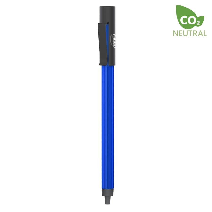 A blue metal pen with a textured grip and a clip, featuring a logo.