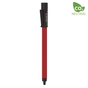 A red metal pen with a clip, featuring a logo on the barrel, presented upright against a white background.