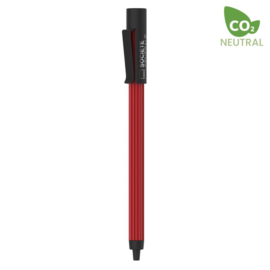 A red metal pen with a clip, featuring a logo on the barrel, presented upright against a white background.