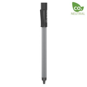 A grey metal pen with a textured grip and a clip, featuring a logo.