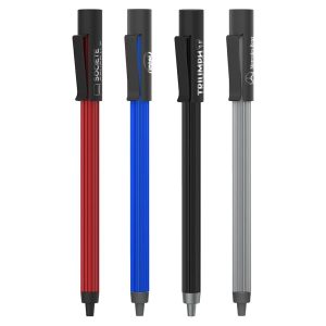 A collection of four metal ball pens in red, blue, black, and grey, each featuring a clip and branding.