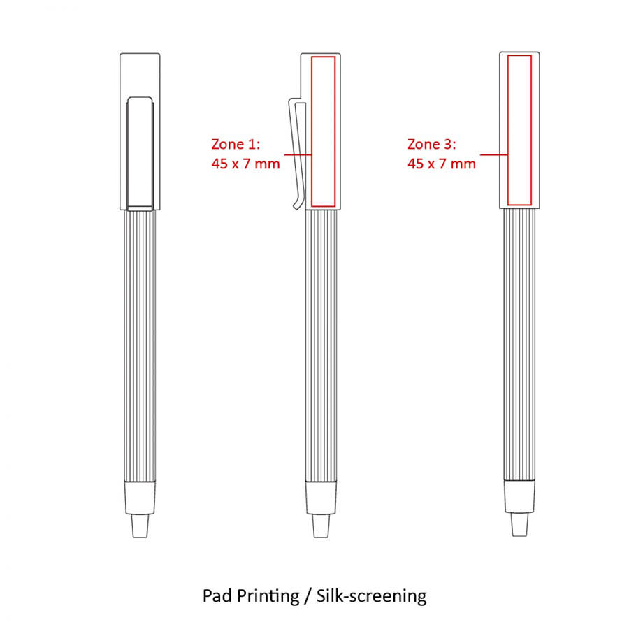 A diagram of the BND65 CORPY push metal ball pen, featuring dimensions for pad printing and silk-screening zones.