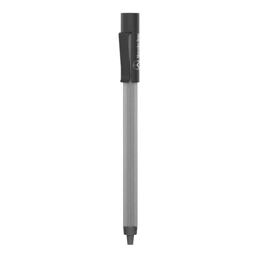 A metal ball pen in grey with a clip and a branding logo on the barrel.