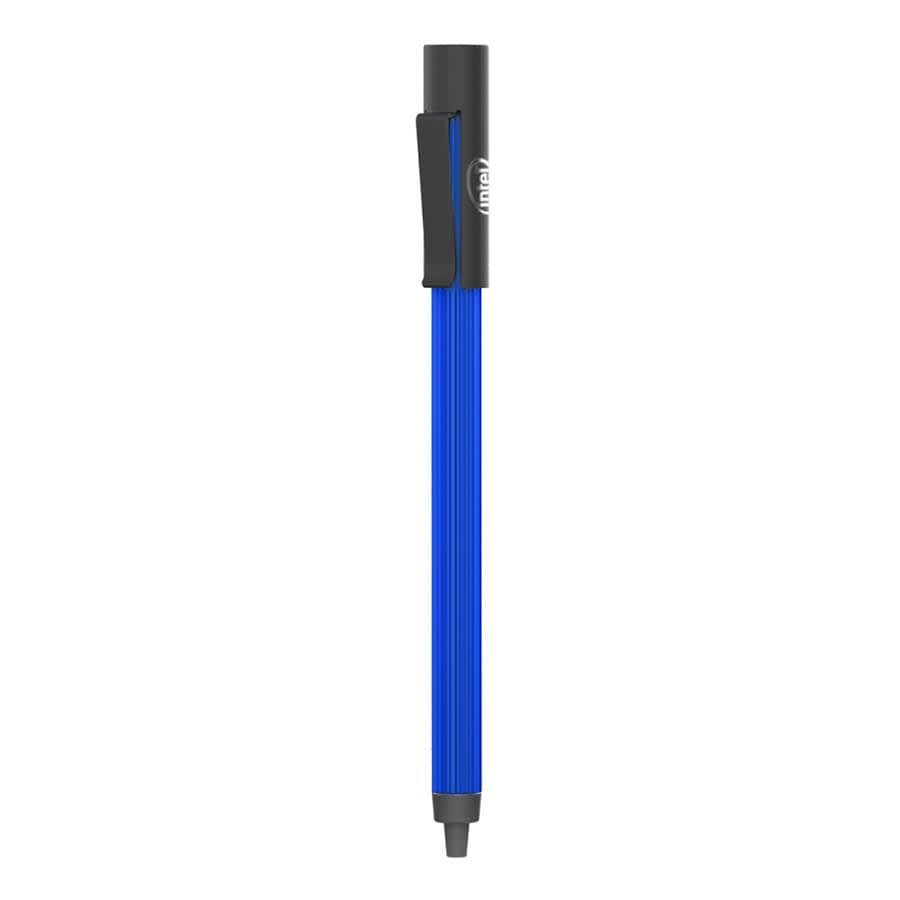 A blue metal ballpoint pen with a ribbed barrel and a clip, featuring a logo on the side.