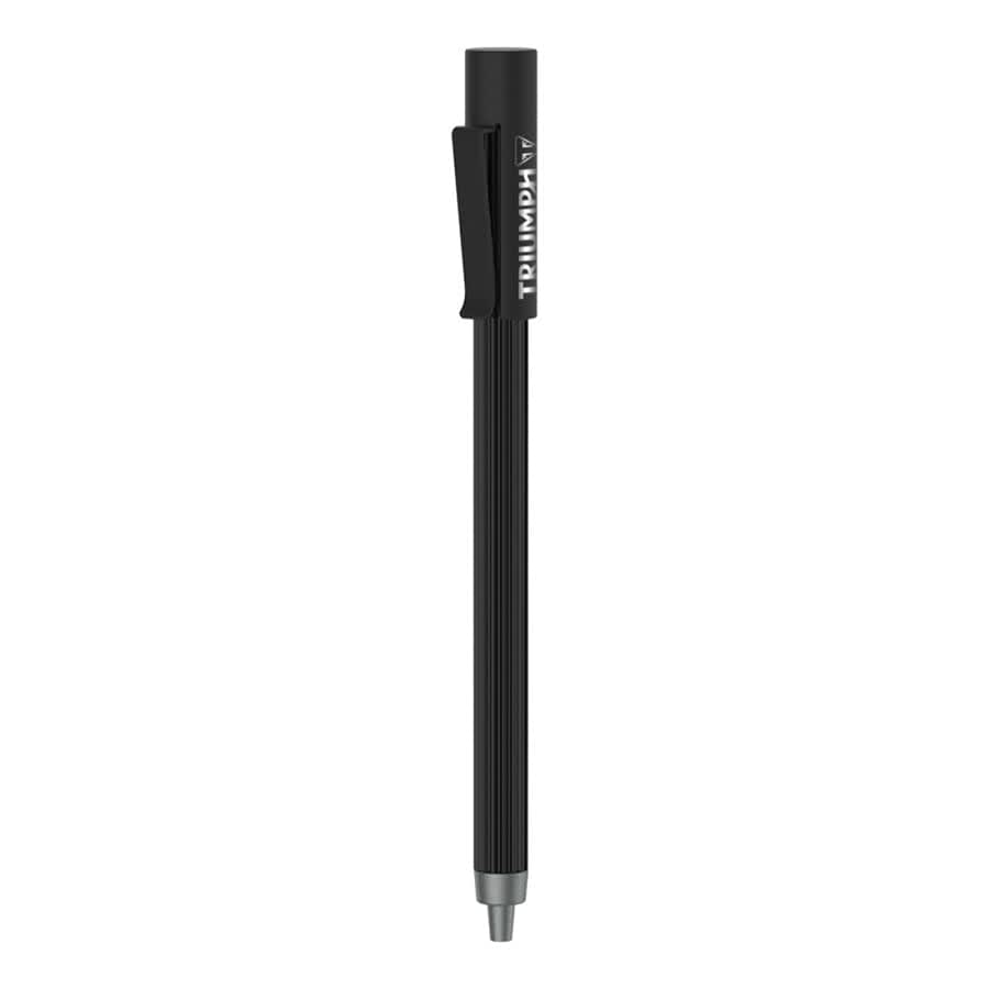 A black metal ballpoint pen with a ribbed grip and clip, featuring a branding logo.