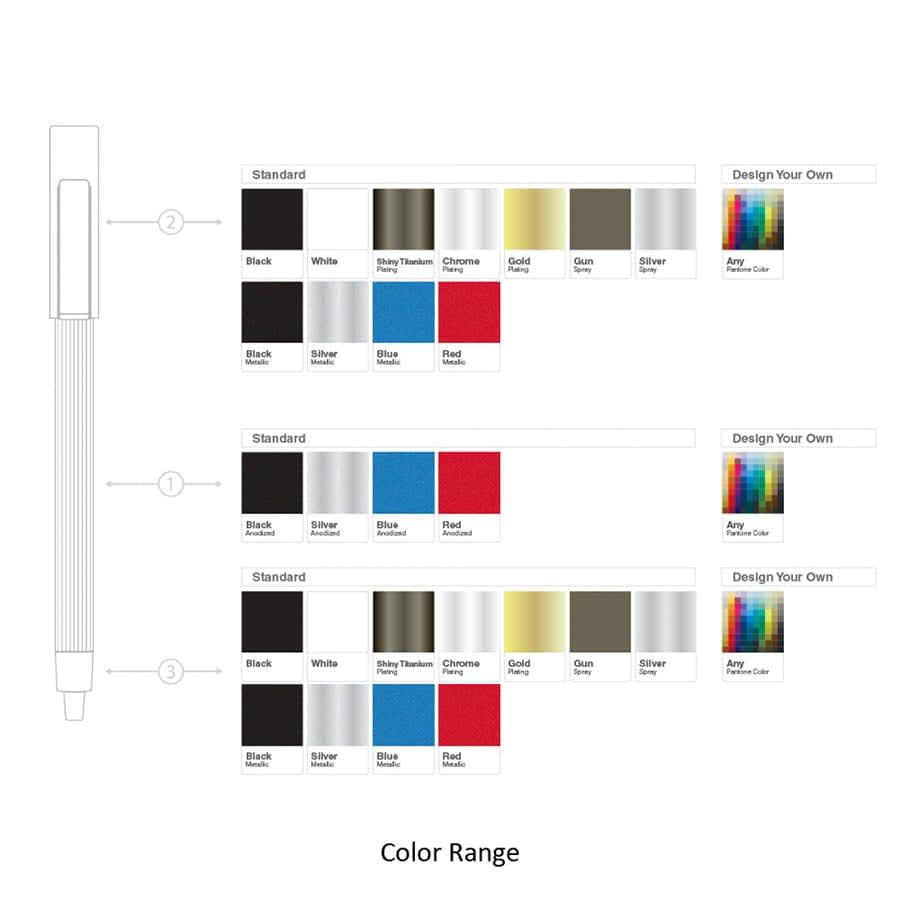 A range of metal ball pens in various colours including black, white, silver, gold, and red, with an option for custom designs.