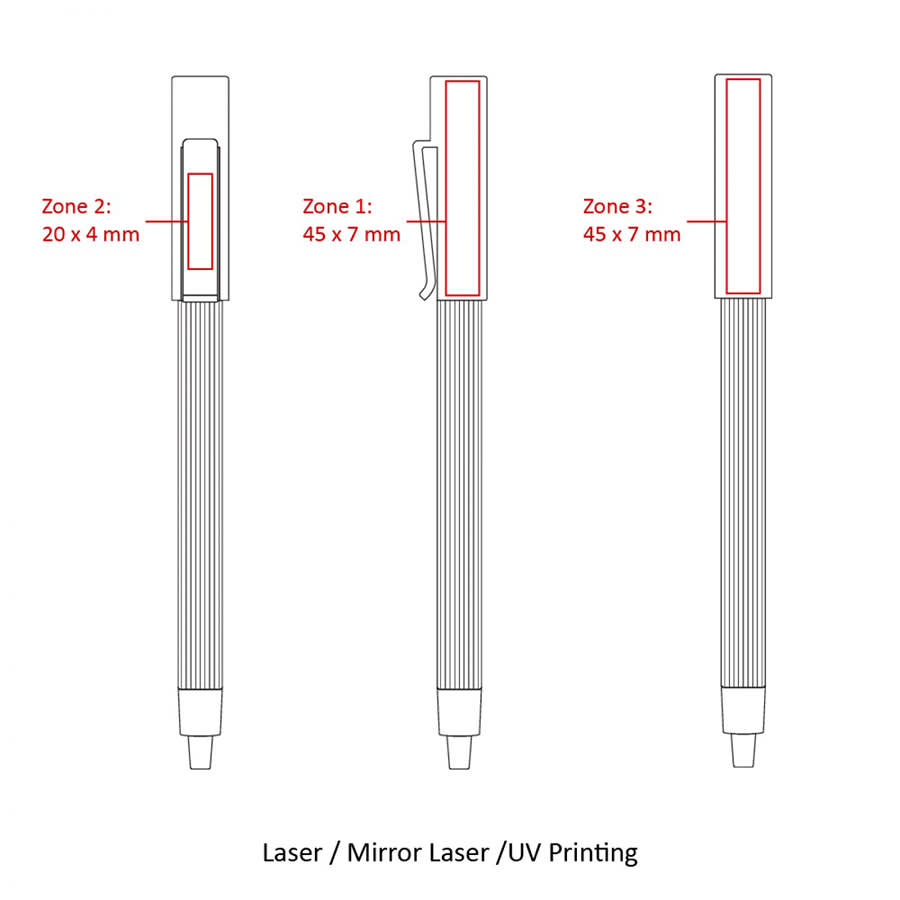 A diagram of the BND65 CORPY push metal ball pen, showcasing dimensions and zones for printing in silver.