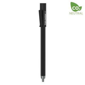 A black metal pen with a ribbed grip and a clip, featuring branding on the side.