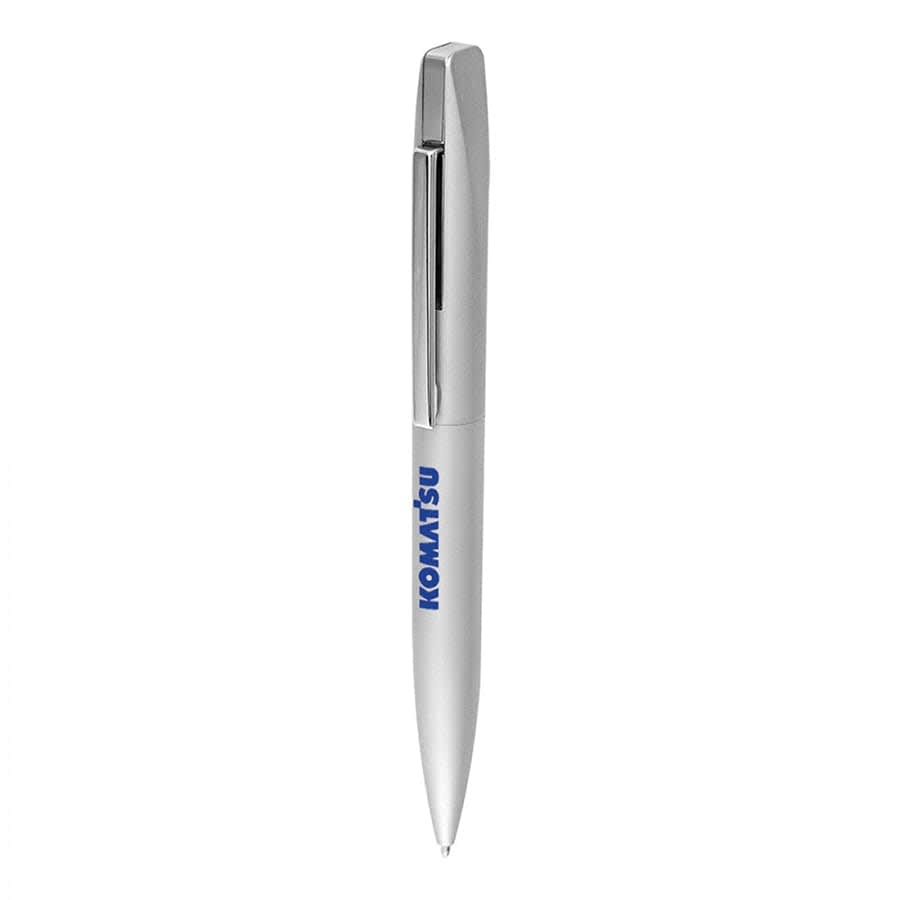A silver metal ball pen with a twist mechanism, featuring a logo on the side.