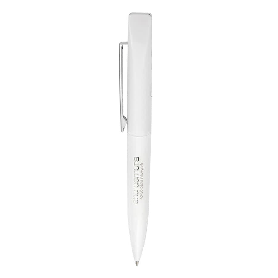 A slim, white metal ball pen with a silver clip and branding on the barrel.