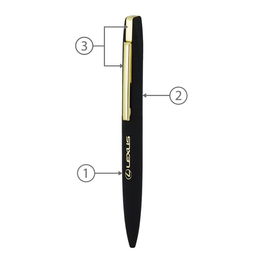 A slim black metal ball pen with gold accents and a logo, designed for writing.