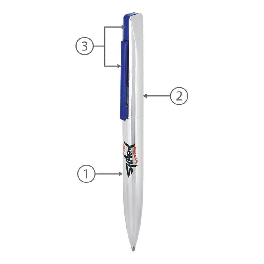 A slim, silver metal ball pen with a blue clip and branding on the side.