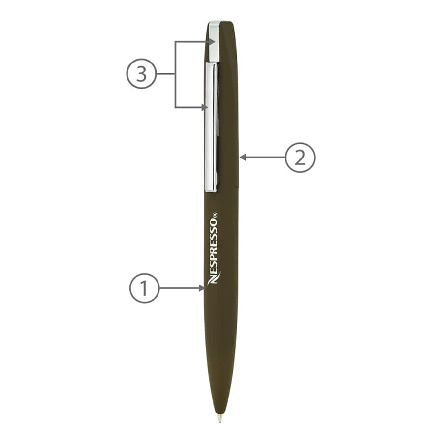 A slim, twist metal ball pen in dark brown with a silver clip and branding.