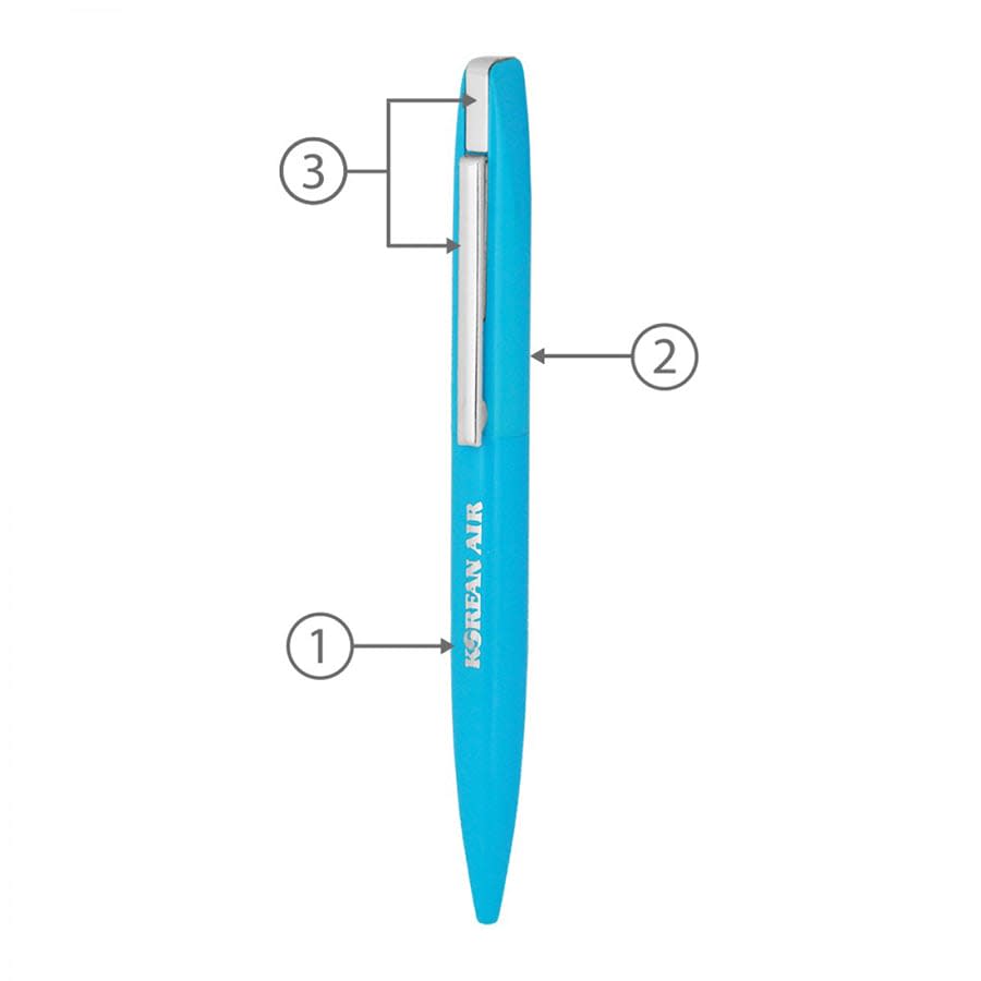 A slim blue metal ballpoint pen with a clip and a logo, featuring a sleek design.