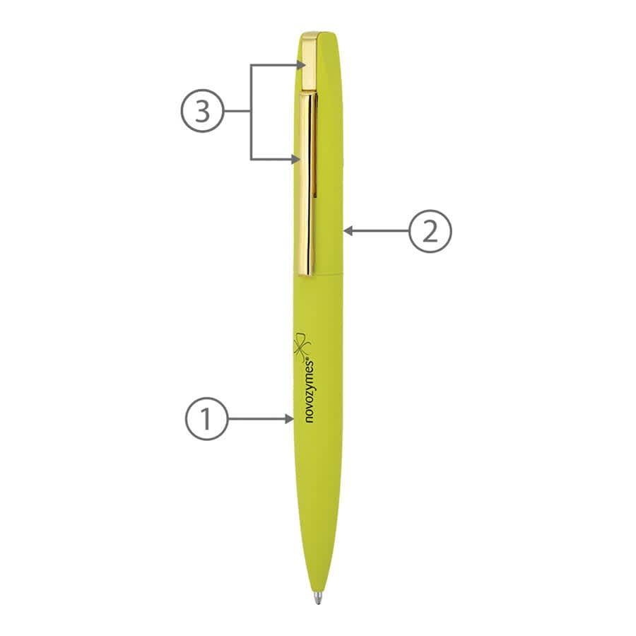 A slim, twist metal ball pen in bright green with a gold clip and branding.