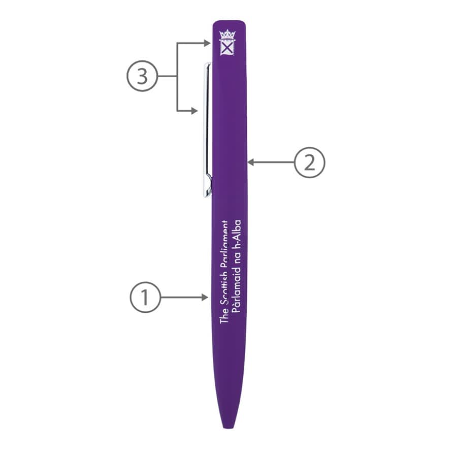 A purple metal ball pen with a sleek twist mechanism and a clip, featuring a logo.