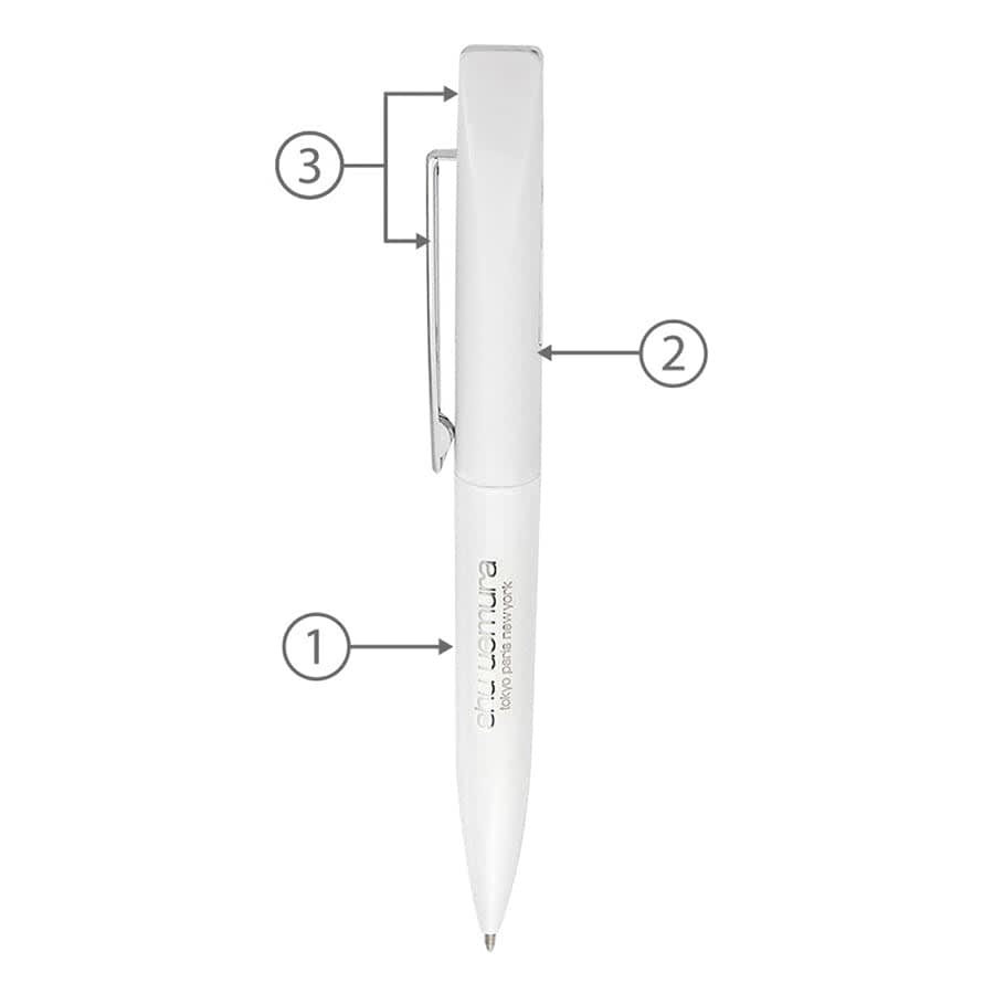 A slim white metal ballpoint pen with a silver clip and branding on the barrel.